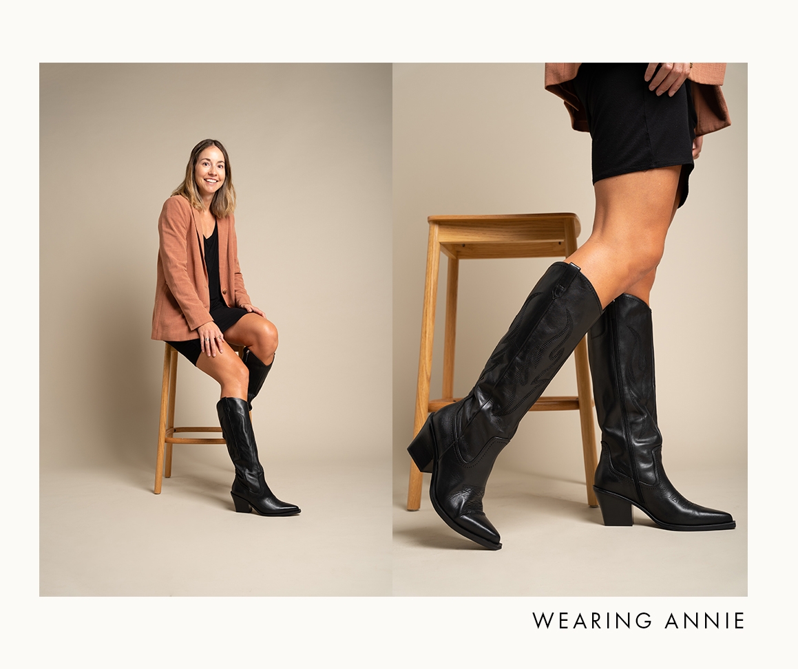 Shop Annie Knee High Cowboy Boots in Black Leather